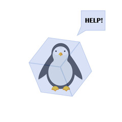 Penguin stuck in cub of ice asking for help. Funny animal character. Winter vector illustration