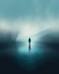 Man standing in the middle of a blue water