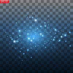 Abstract stylish light effect on a black background. Blue glowing neon line. Blue luminous dust and glares. Flash Light. luminous trail. Vector illustration.