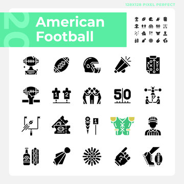 American football black glyph icons set on white space. Sport equipment. Team game. Game day. Football match symbols. Silhouette symbols. Solid pictogram pack. Vector isolated illustration