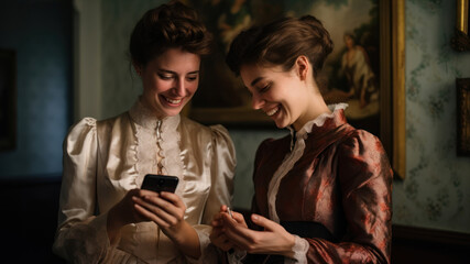 Obraz premium Two beautiful young women in medieval dresses using mobile phone in a room