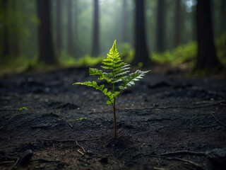 One small fern seedling growing from black burnt soil in a forest to signify the concept of new growth and revival
