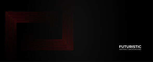Fototapeta premium Abstract glowing red geometric lines on black background. Elegant shiny red rounded square lines pattern. Minimal geometric. Modern futuristic graphic design. Suit for cover, header, poster, banner.