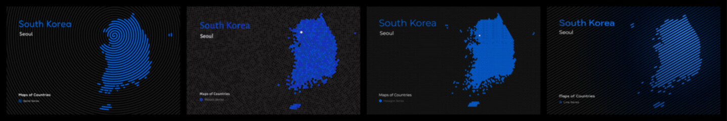 Creative map set of 4 styles of South Korea. Capital Seoul. Capital. World Countries vector maps series. Black - obrazy, fototapety, plakaty