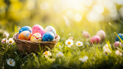 Fototapeta na wymiar Easter Celebration: Hand-Painted Eggs in Wicker Basket on Lush Grass Under Radiant Spring Sunshine