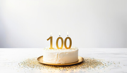 100 years old or century anniversary or birthday with cake and candles and copy space