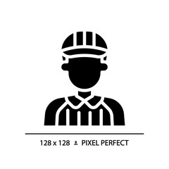 Referee black glyph icon. American football game regulation. Maintain fair play. Adjudicating sporting event. Silhouette symbol on white space. Solid pictogram. Vector isolated illustration