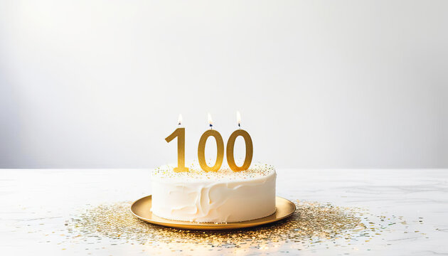 100 years old or century anniversary or birthday with cake and candles and copy space