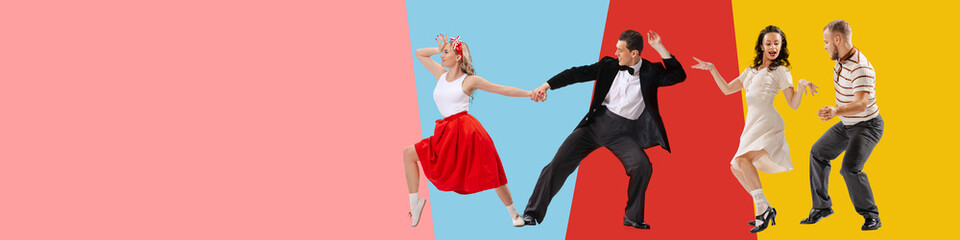 Collage. Attractive couples, men and women cheerfully dancing retro dance styles over multicolored...