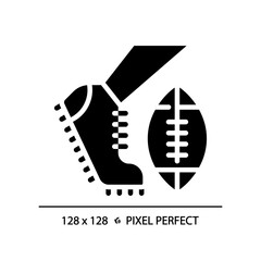 Kickoff black glyph icon. American football match. Initial kick. Kicking pigskin ball in center of football field. Silhouette symbol on white space. Solid pictogram. Vector isolated illustration