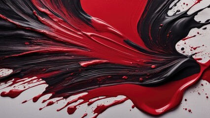 Splashes and streaks with a brush of red paint on black paint on a white horizontal background