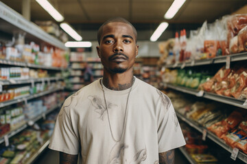 Fototapeta premium Photo of confident tattooed man in grocery market made with generative ai