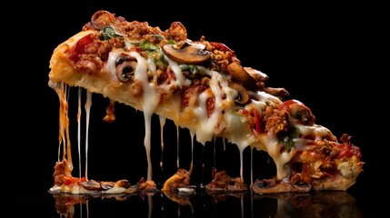 delicious supreme pizza slice, tempting food photography, high-quality stock image