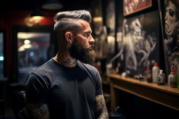 Obraz premium Picture of confident tattooed modern man in bar made with generative ai