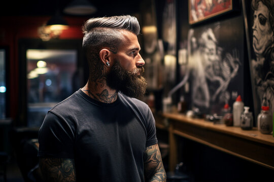 Picture of confident tattooed modern man in bar made with generative ai