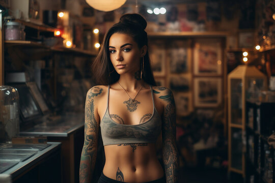 Beautiful sexy woman with a tattooed body made with generative AI