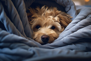 AI generated image of cute funny domestic animal sleeping wrapped in a warm blanket - obrazy, fototapety, plakaty