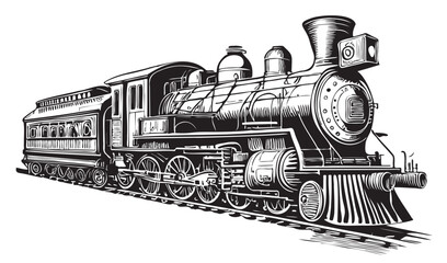 Retro steam train hand drawn sketch Passenger trans illustration... - obrazy, fototapety, plakaty