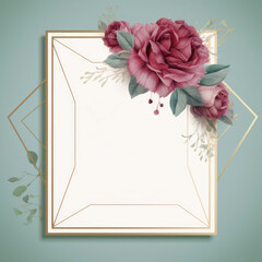 Invitation card with peony flowers and golden frame. Vector illustration.