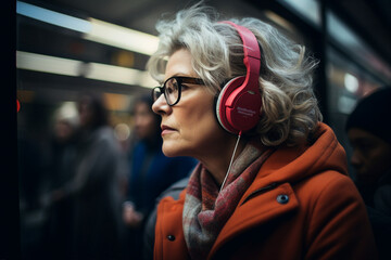 Dreamy relaxed charming lady in headphones listening to music relaxing in train generative ai