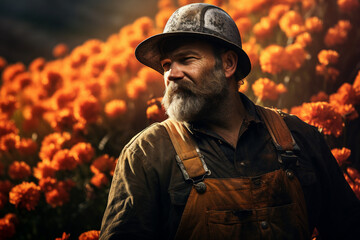 Obraz premium Generative AI surreal picture of mine worker among blooming fresh flowers