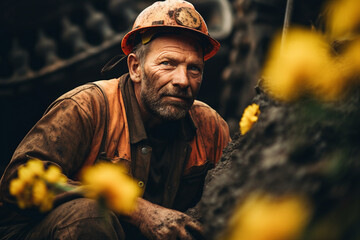 Fototapeta premium Generative AI surreal picture of an industrial worker in a mine surrounded by fresh aromatic flowers