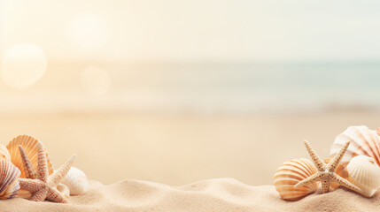 Seashells on sand background with copy space banner