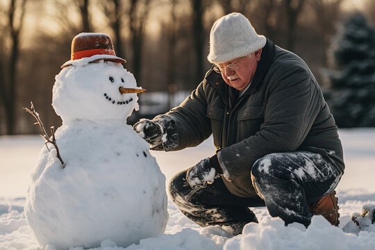 AI generated picture of senior cheerful happy man creating making snowman outdoors