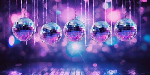 Disco party background. Mirror disco balls over a shiny surface, neon blue and pink colors spotlights.
