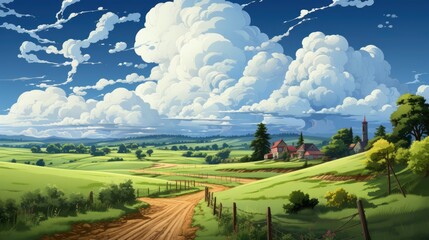 Amazing Clouds Over Landscape American Midwest, Background Banner HD, Illustrations , Cartoon style