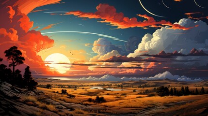 Amazing Clouds Over Landscape American Midwest, Background Banner HD, Illustrations , Cartoon style - obrazy, fototapety, plakaty