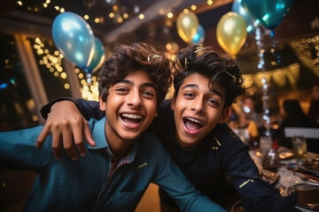 young couple, are laughing and joyful dancing at party