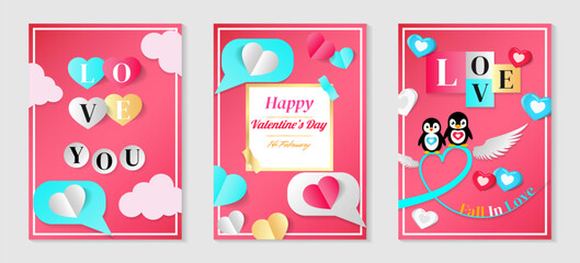 Vector illustrations with pink, white, blue heart, cloud, feather and a penguin's couple elements for a Valentine's Day banner or greeting card set of three concepts.