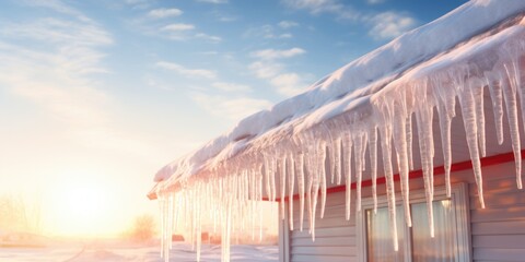 Icicles hanging from the roof of a house - obrazy, fototapety, plakaty