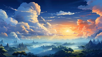 Foto op Canvas Atmosphere Flying Above Clouds Sky Thunderclouds, Background Banner HD, Illustrations , Cartoon style © Alex Cuong