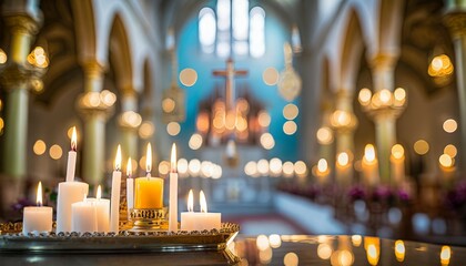 candles in a church background - obrazy, fototapety, plakaty