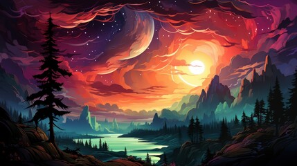 Fototapeta premium Aurora Borealis Over Ocean Northern Lights, Background Banner HD, Illustrations , Cartoon style