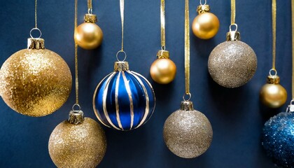 christmas and new year minimalistic background golden and blue glass balls hanging on ribbon on navy blue background with copy space for text the concept of christmas and new year holidays