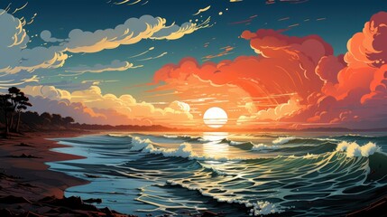 Baltic Sea Sunset Clear Sky Blue, Background Banner HD, Illustrations , Cartoon style