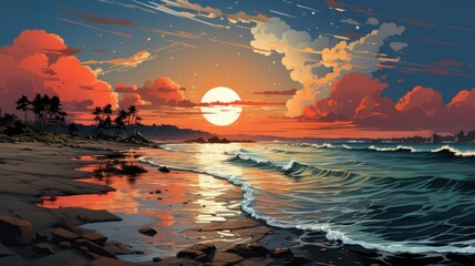 Baltic Sea Sunset Clear Sky Blue, Background Banner HD, Illustrations , Cartoon style - obrazy, fototapety, plakaty