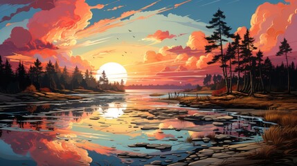 Baltic Sea Sunset Clear Sky Blue, Background Banner HD, Illustrations , Cartoon style
