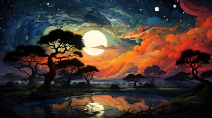 Beautiful African Night Sky Many Stars, Background Banner HD, Illustrations , Cartoon style