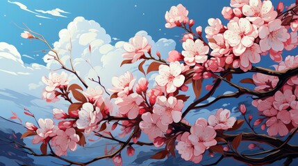 Beautiful Cherry Blossoms Blue Sky Japanese, Background Banner HD, Illustrations , Cartoon style