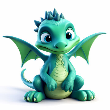 Adorable green dragon cartoon character sitting down with a friendly smile, perfect for children's stories