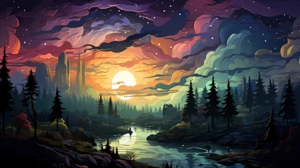 Fotobehang Beautiful Night Sky Milky Way Trees, Background Banner HD, Illustrations , Cartoon style © Alex Cuong