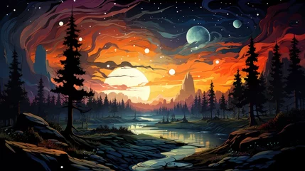 Gordijnen Beautiful Night Sky Milky Way Trees, Background Banner HD, Illustrations , Cartoon style © Alex Cuong