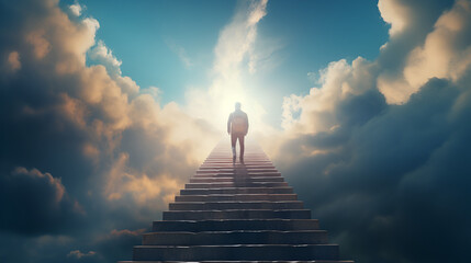 A man climbs a stairs to the sky - obrazy, fototapety, plakaty