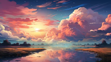 Fototapeten Beautiful Sky Background, Background Banner HD, Illustrations , Cartoon style © Alex Cuong