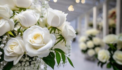 Obraz na płótnie Canvas decoration artificial white roses flower bouquet as a floral wallpaper with soft focus and copy space white rose and orchid petals background for valentines day or wedding ceremony