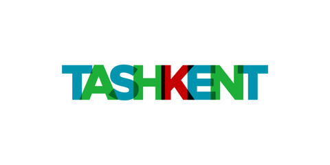 Tashkent in the Uzbekistan emblem. The design features a geometric style, vector illustration with bold typography in a modern font. The graphic slogan lettering.